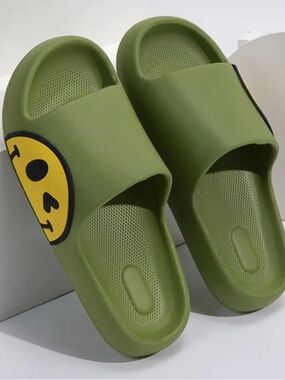 Olive Green Slide Sandals with Smiley Accent